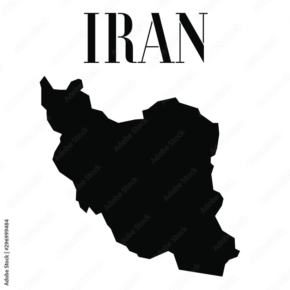 Fototapete Iran solid country outline silhouette, Black and white vector illustration with isolated object and symbols on background with text. From world map countries set