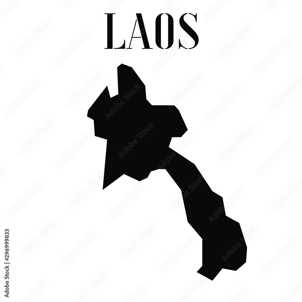 Fototapete Laos solid country outline silhouette, Black and white vector illustration with isolated object and symbols on background with text. From world map countries set