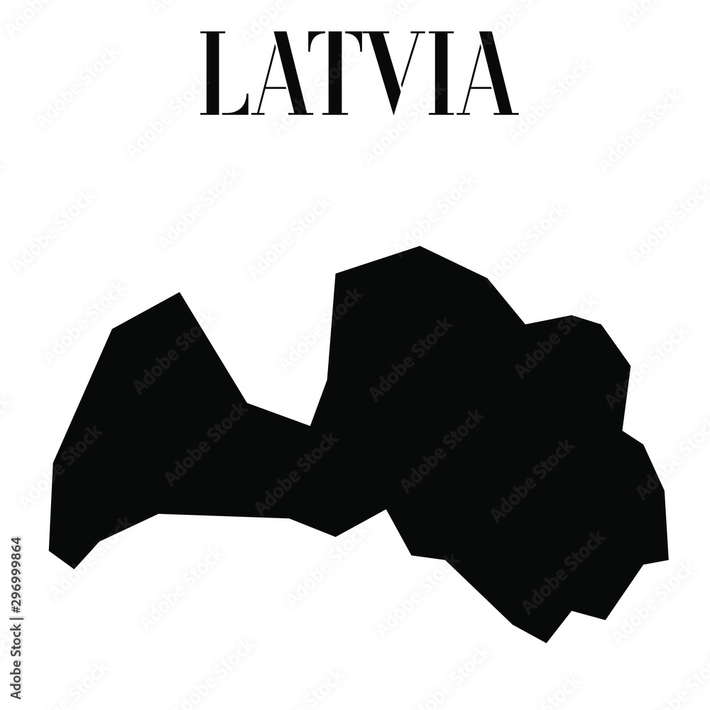 Fototapete Latvia solid country outline silhouette, Black and white vector illustration with isolated object and symbols on background with text. From world map countries set