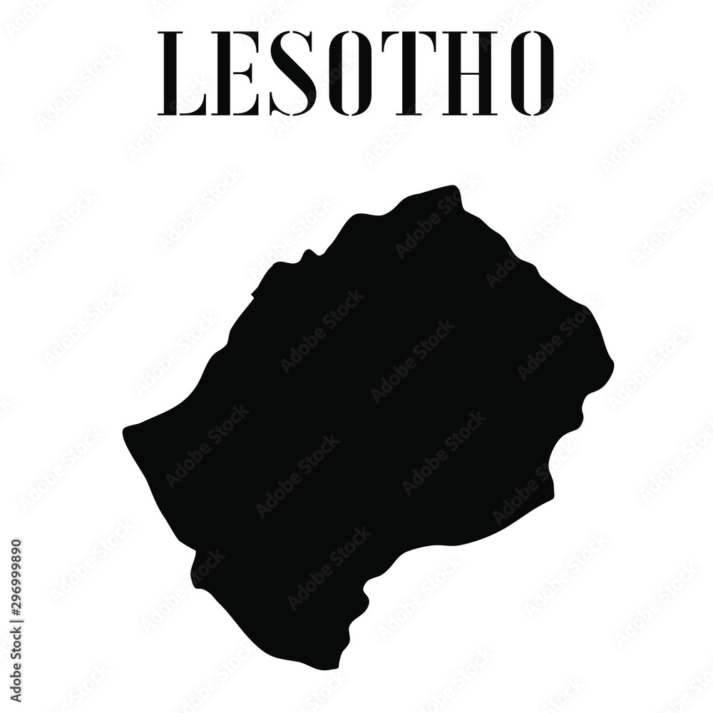 Fototapete Lesotho solid country outline silhouette, Black and white vector illustration with isolated object and symbols on background with text. From world map countries set