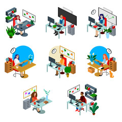 Vector set of isometric office worker flat illustrations. Beautiful young character working. Online business. Business people concept. Education. Woman at work. Man witn computer.