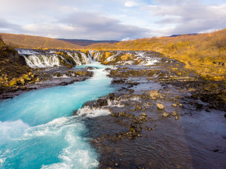 Beautiful Bruarfoss waterfall with turquoise water in Iceland..