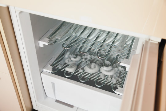 Empty open freezer with leftover ice