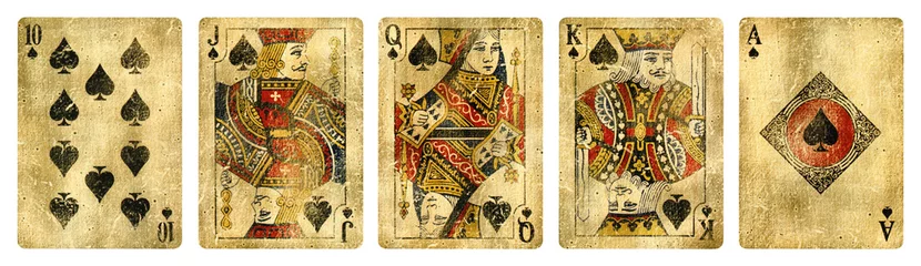 Abwaschbare Fototapete Retro Pik Anzug Vintage Spielkarten, Set beinhaltet Ass, König, Dame, Bube und Zehn - isoliert auf weiß.