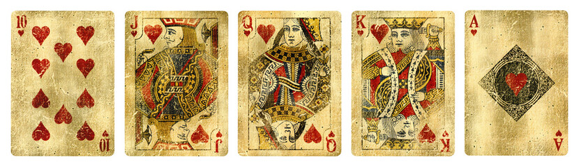 Hearts Suit Vintage Playing Cards, Set include Ace, King, Queen, Jack and Ten - isolated on white.
