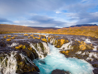 Beautiful Bruarfoss waterfall with turquoise water in Iceland..