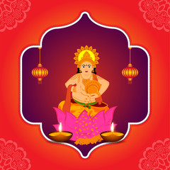 Traditional indian background  on shubh dhanteras with vector illustration of lord kuber. Happy Dhanteras and Diwali.