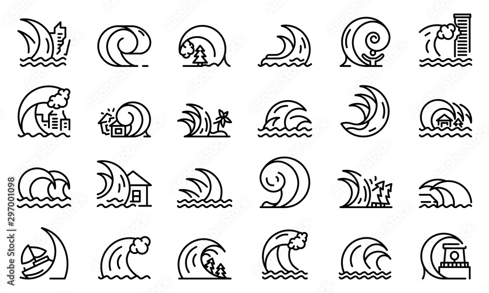 Poster tsunami icons set. outline set of tsunami vector icons for web design isolated on white background