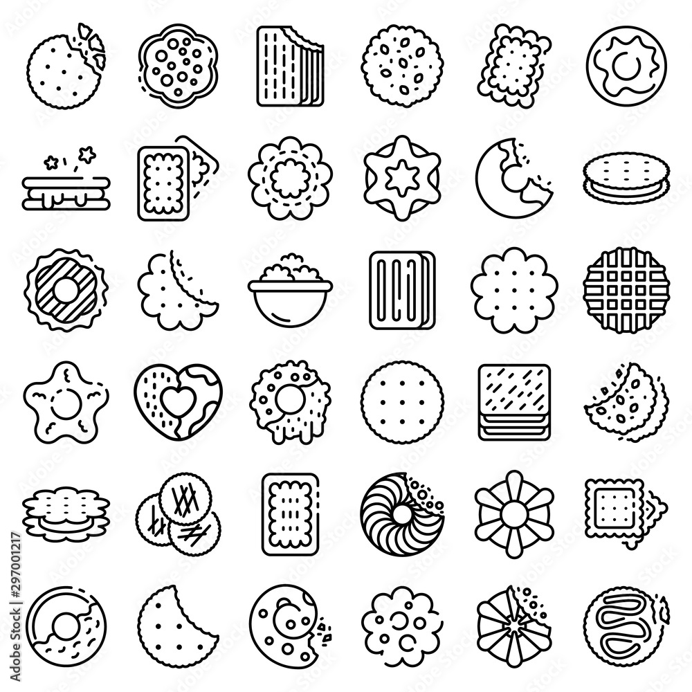 Poster cookie icons set. outline set of cookie vector icons for web design isolated on white background