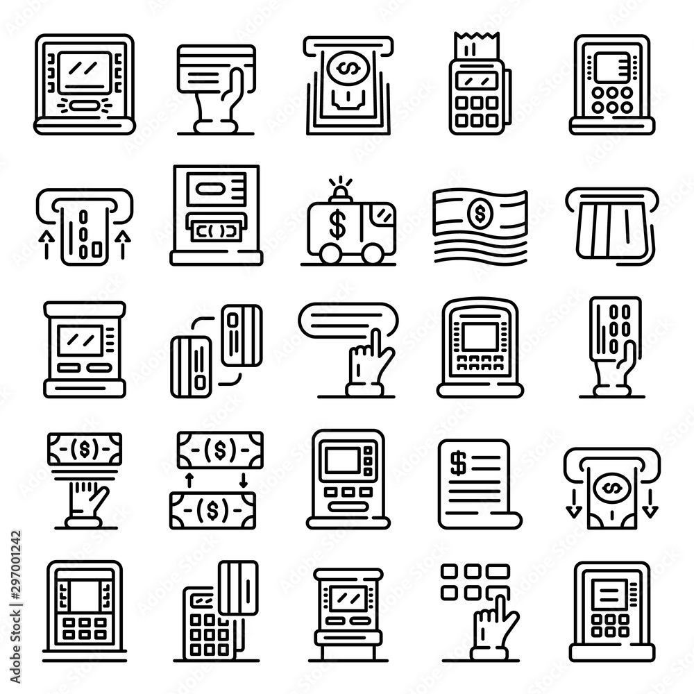 Aufkleber atm machine icons set. outline set of atm machine vector icons for web design isolated on white back