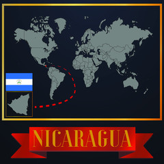Nicaragua solid country outline silhouette, realistic globe world map template, atlas for infographic, vector illustration, isolated object, background, national flag. countries set 