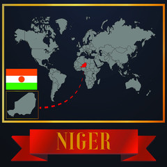 Niger solid country outline silhouette, realistic globe world map template, atlas for infographic, vector illustration, isolated object, background, national flag. countries set 