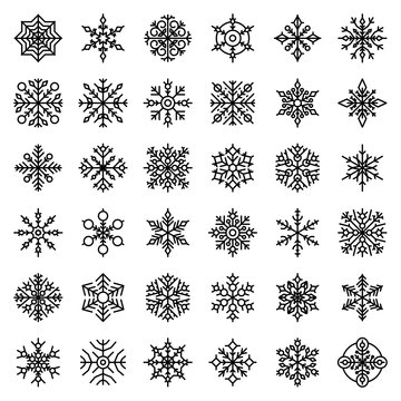 Snowflake icons set. Outline set of snowflake vector icons for web design isolated on white background