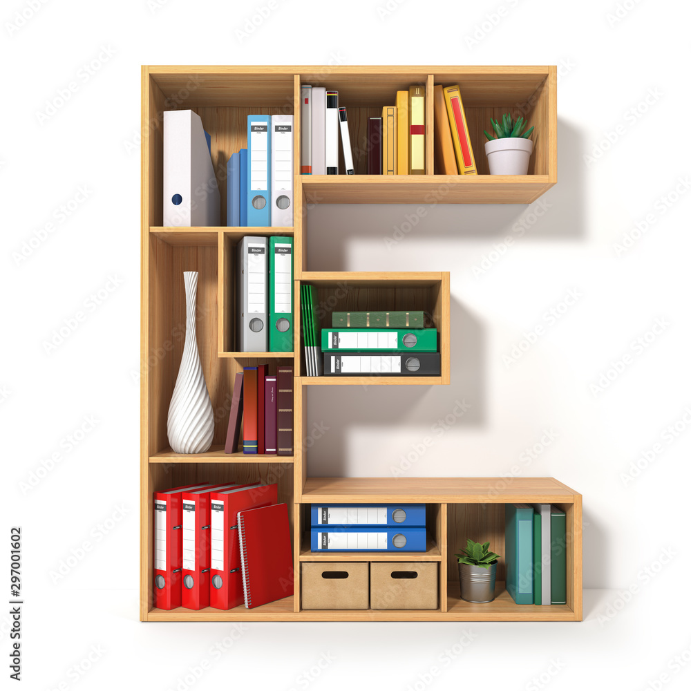 Poster letter e. alphabet in the form of shelves with file folder, binders and books isolated on white. arc