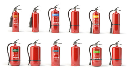 Fire extinguisher set  of different types isolated on white.