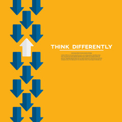 Think differently concept. Red arrow changing direction. New idea, change, trend, courage, creative solution, innovation and unique way concept.