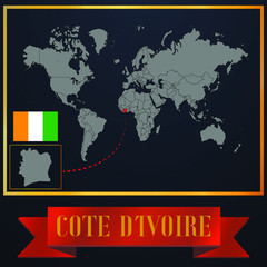 Cote d'Ivoire  solid country outline silhouette, realistic globe world map template, atlas for infographic, vector illustration, isolated object, background, national flag. countries set 