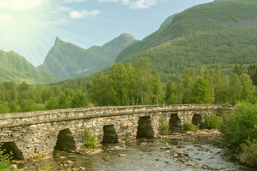 Fototapeta na wymiar Mountain river bridge, green forest landscape, Norway