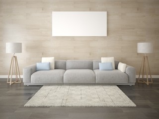 Obraz na płótnie Canvas Mock up a bright living room with a large comfortable sofa and trendy original backdrop.
