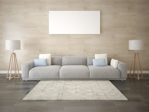 Mock up a bright living room with a large comfortable sofa and trendy original backdrop.
