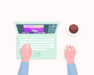 Designer or photographer working process top view. Hands using hot keys, keyboard shortcuts for fast editing photography. Professional editing photos on laptop, graphic editor