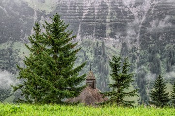 Little chapel between pine trees