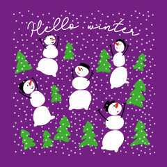 Christmas background Hello winter. Funny snowmen rejoice in the snow. Green christmas tree, purple background.