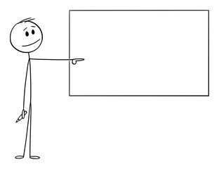 Vector cartoon stick figure drawing conceptual illustration of man or businessman or teacher with marker in hand pointing at empty whiteboard.