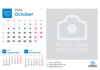 Calendar for October 2020. Vector design print template with place for photo. Week starts on Monday. 3 months on page