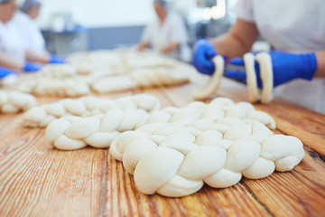 Woman's hands knead the dough for baking at the bakery