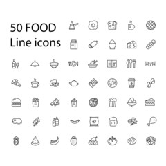 Food Line Icons Set Collection. Bakery, Seafood, Vegetables, Fruit, Coffee, Meat, Fastfood. Vector illustration eps10.