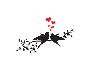 Naklejki  Latające ptaki na gałęzi wektor, naklejki ścienne, zakochana para ptaków, sylwetka ptaków na gałęzi i ilustracje serc na białym tle. Dekoracja artystyczna, dekoracje ścienne