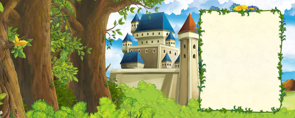 cartoon scene with mountains valley near the forest and castle with frame for text illustration for children