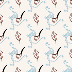 Happy Father's Day, Dad Greeting or Men's Health Concept Background. Vector Seamless Pattern of Doodle Smoking Pipe with Smoke Cloud and Tobacco Leaves. Wrapping Paper for Tobacco Products
