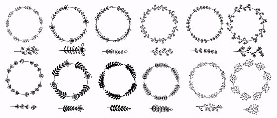 Wreath with leaves vector. Set wreath, Hand drawn branches. Black and white ornaments vintage. Illustrations wreath invitation