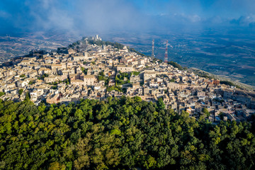 Aerial top down view of town Erice in province of Trapani in Sicily Italy.