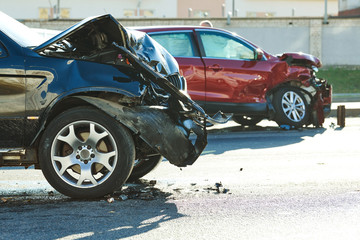 car crash accident on street. damaged automobiles - obrazy, fototapety, plakaty