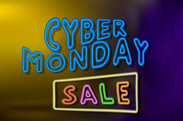Fototapeta premium Cyber monday sale sign. Neon big discounts logo. Vector bright blue, red, purple, green and orange text with shadows on the dark background.