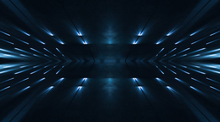 Dark abstract background, neon blue light. Empty dark scene with spotlights. Blue background with rays, light lines.