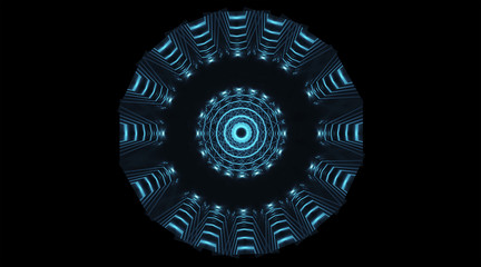 Abstract neon circle from light lines. Dark blue background.