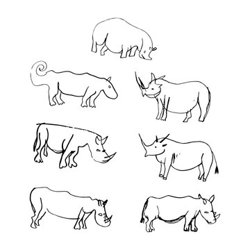 Set of primitive images of animals rhino and hippo. Cave drawings. Naive art. Vector illustration © iuliiawhite