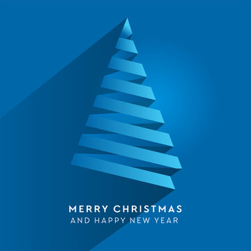 Simple vector christmas tree made from paper stripe - original new year card. Volume blue paper cut fir like arrow with shadow.