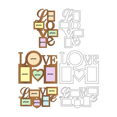 Set of frame for photos with inscription 'Love' for laser cutting. Collage of photo frames. Template laser cutting machine for wood and metal. The perfect gift for St. Valentine's Day.