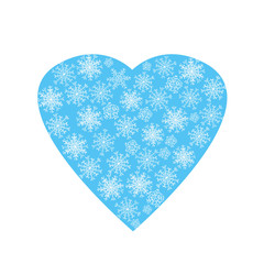 Heart made of white snowflakes on a blue background.