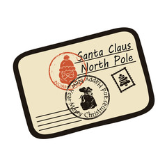 Christmas envelope with letter to Santa Claus with stamps and postage marks vector image. Letter for Santa Claus North Pole. Christmas theme. Handwritten letter to Santa from child. Santa Claus mail.