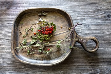Dry rowan and mint on a wooden tray.