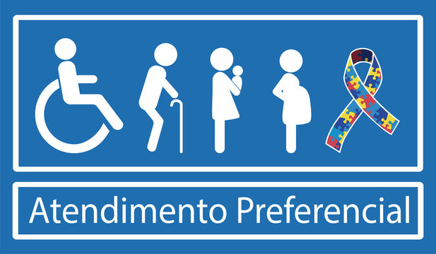 Translation for Atendimento Preferencial is priority treatment. Portuguese language. Disability, elderly, pregnant and woman with baby and autism. Vector sign.