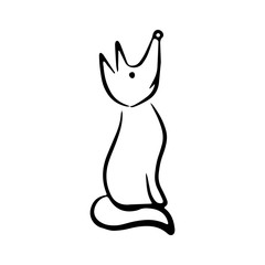 The fox is sitting and looking up. Hand-drawn black and white icon. Illustration in doodle style. Can be used for print on clothes, logo or emblem