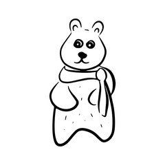 A simple hand-drawn bear stands and look forward. Vector black and white icon. For logo, print, design