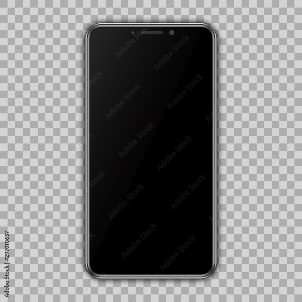 Poster Black smartphone with empty touch screen, new model mobile     with transparent background - vector